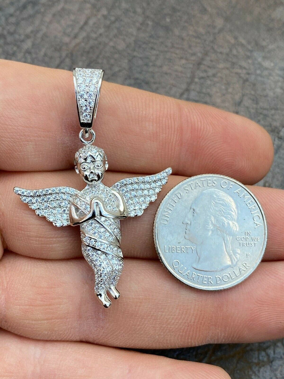 Hip Hop Solid 925 Silver Angel Hip Hop Pendant Iced Diamond Gold Necklace Mens 2 Piece