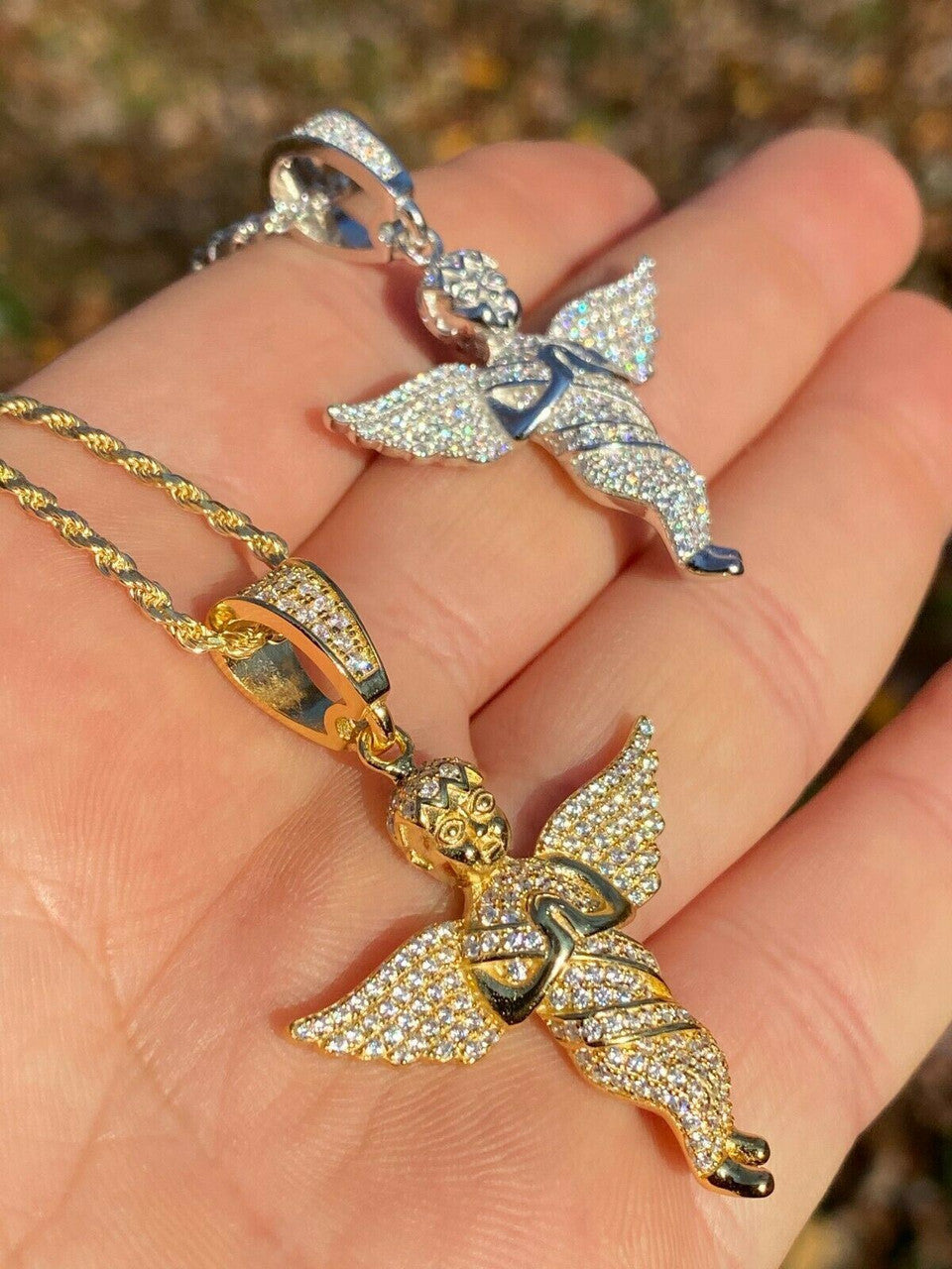 Solid 925 Silver Angel Hip Hop Pendant Iced Diamond Gold Necklace
