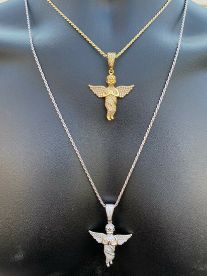 Hip Hop Solid 925 Silver Angel Hip Hop Pendant Iced Diamond Gold Necklace Mens 2 Piece