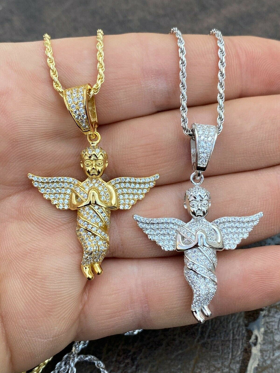 Hip Hop Solid 925 Silver Angel Hip Hop Pendant Iced Diamond Gold Necklace Mens 2 Piece