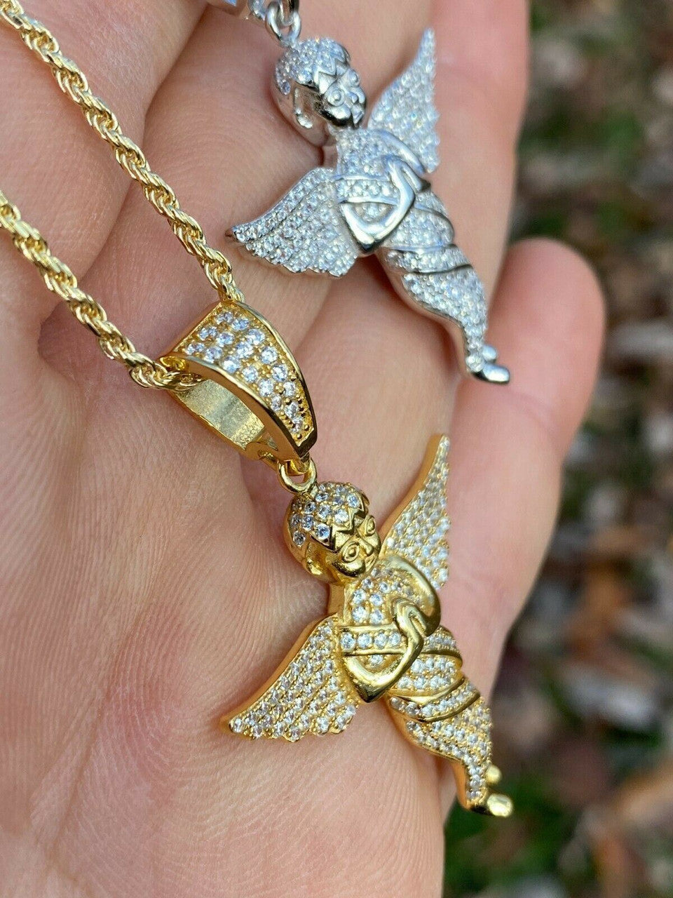 Hip Hop Solid 925 Silver Angel Hip Hop Pendant Iced Diamond Gold Necklace Mens 2 Piece