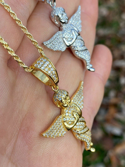 Hip Hop Solid 925 Silver Angel Hip Hop Pendant Iced Diamond Gold Necklace Mens 2 Piece
