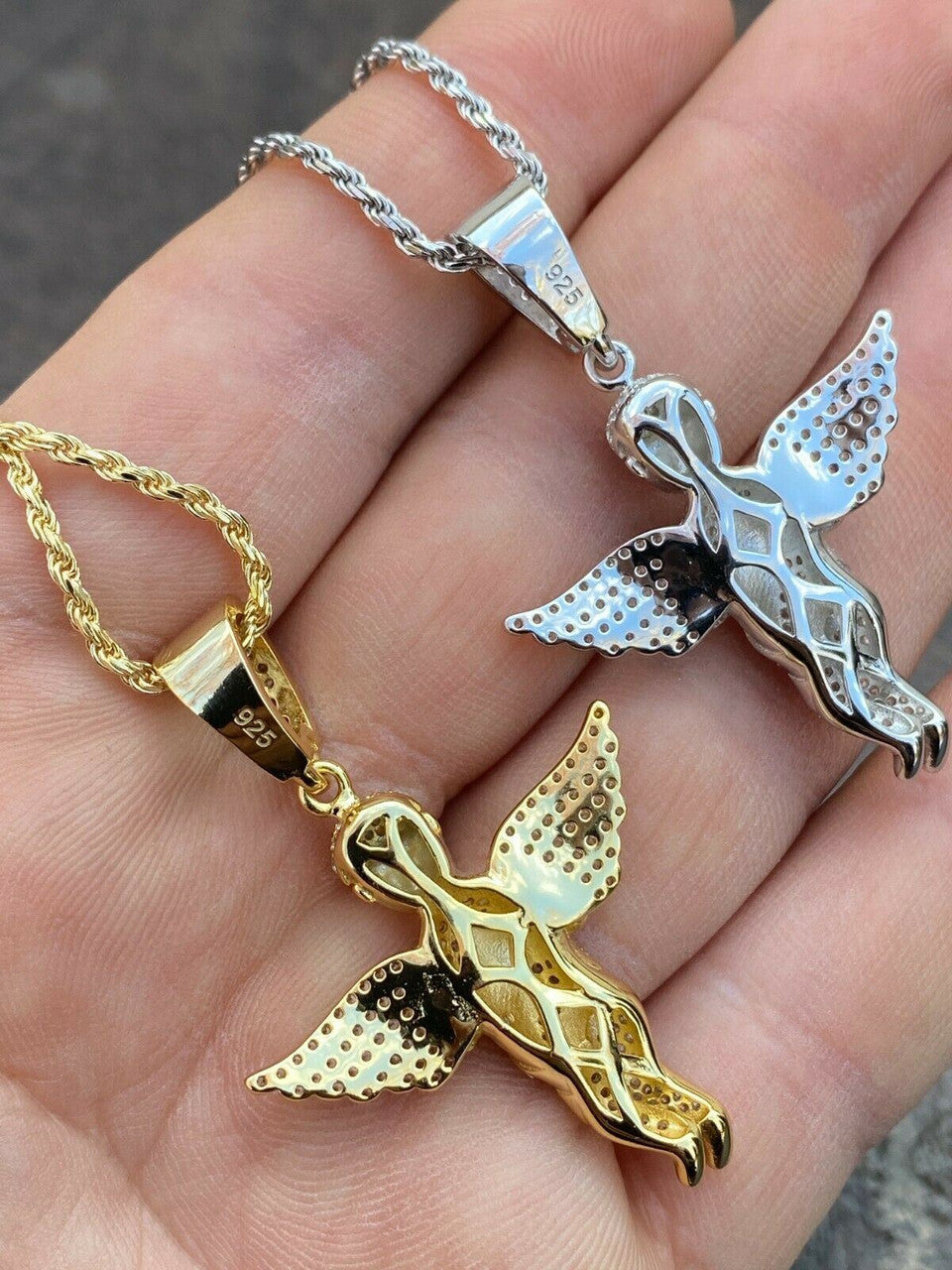 Solid 925 Silver Angel Hip Hop Pendant Iced Diamond Gold Necklace