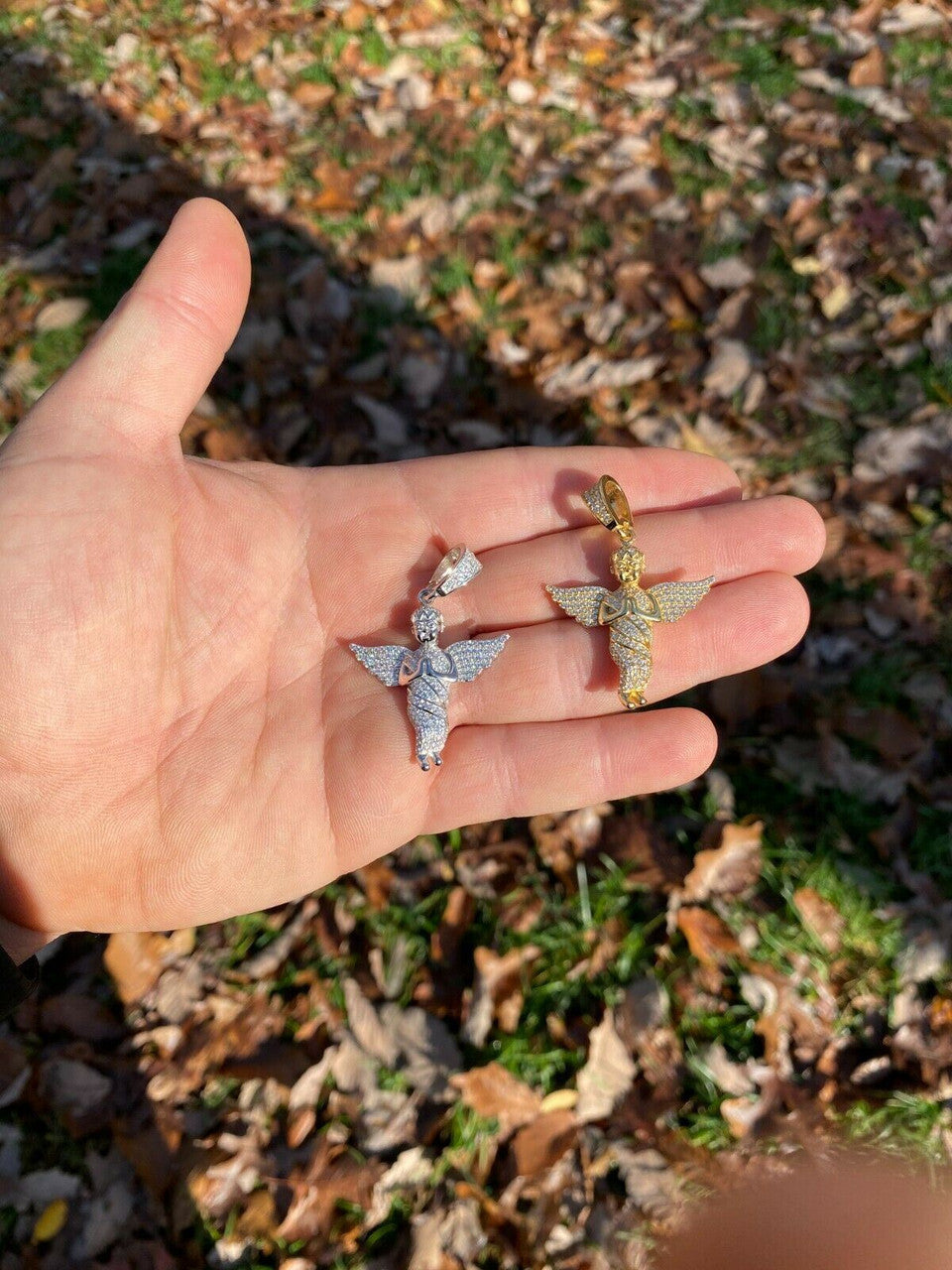 Hip Hop Solid 925 Silver Angel Hip Hop Pendant Iced Diamond Gold Necklace Mens 2 Piece