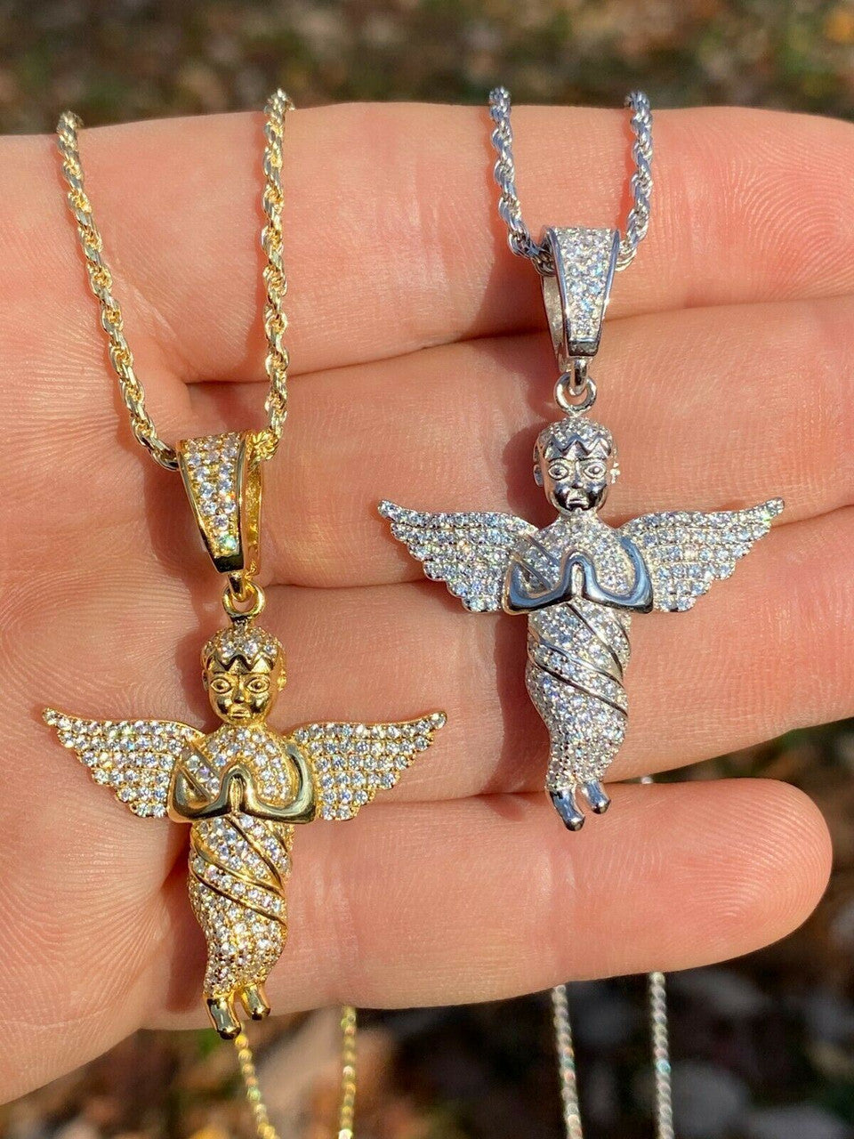 Hip Hop Solid 925 Silver Angel Hip Hop Pendant Iced Diamond Gold Necklace Mens 2 Piece