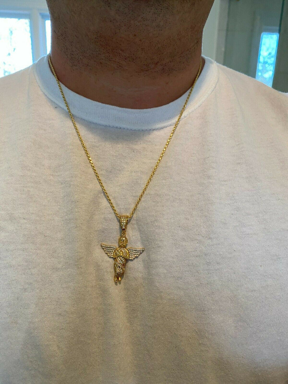 Hip Hop Solid 925 Silver Angel Hip Hop Pendant Iced Diamond Gold Necklace Mens 2 Piece