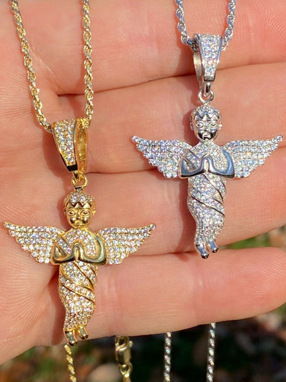 Hip Hop Solid 925 Silver Angel Hip Hop Pendant Iced Diamond Gold Necklace Mens 2 Piece
