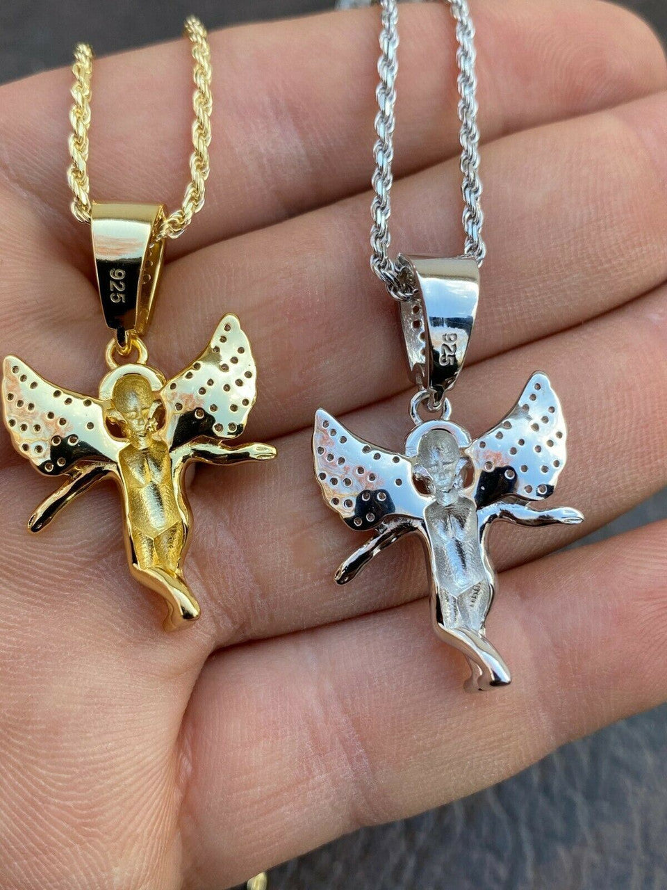Hip Hop Solid 925 Silver Micro Angel Hip Hop Pendant Iced Diamond Gold Necklace Praying