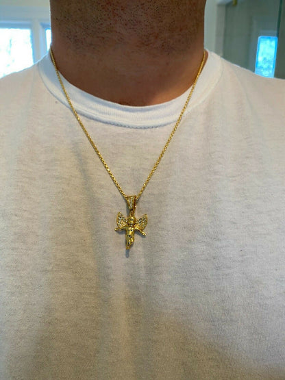 Hip Hop Solid 925 Silver Micro Angel Hip Hop Pendant Iced Diamond Gold Necklace Praying