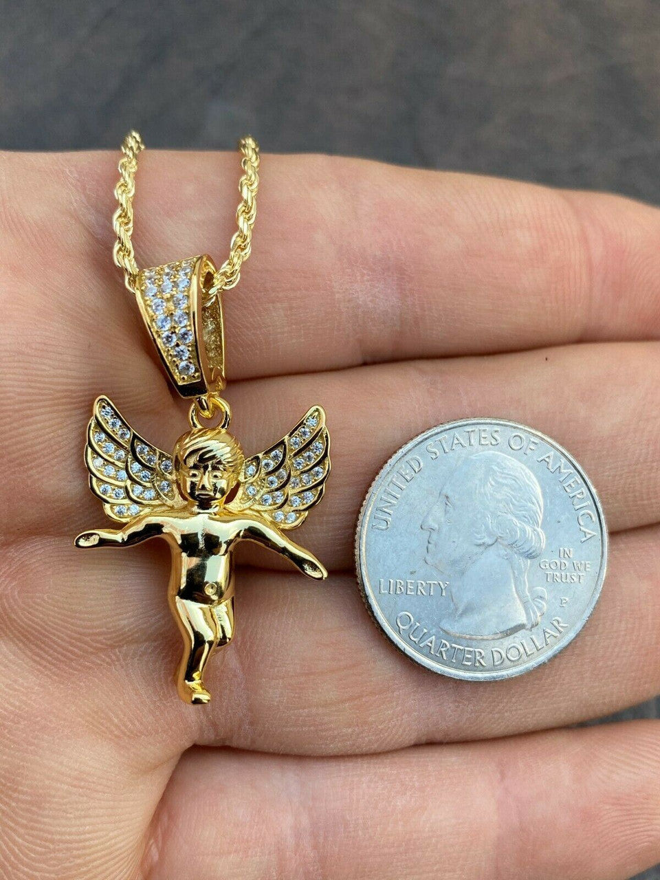 Hip Hop Solid 925 Silver Micro Angel Hip Hop Pendant Iced Diamond Gold Necklace Praying