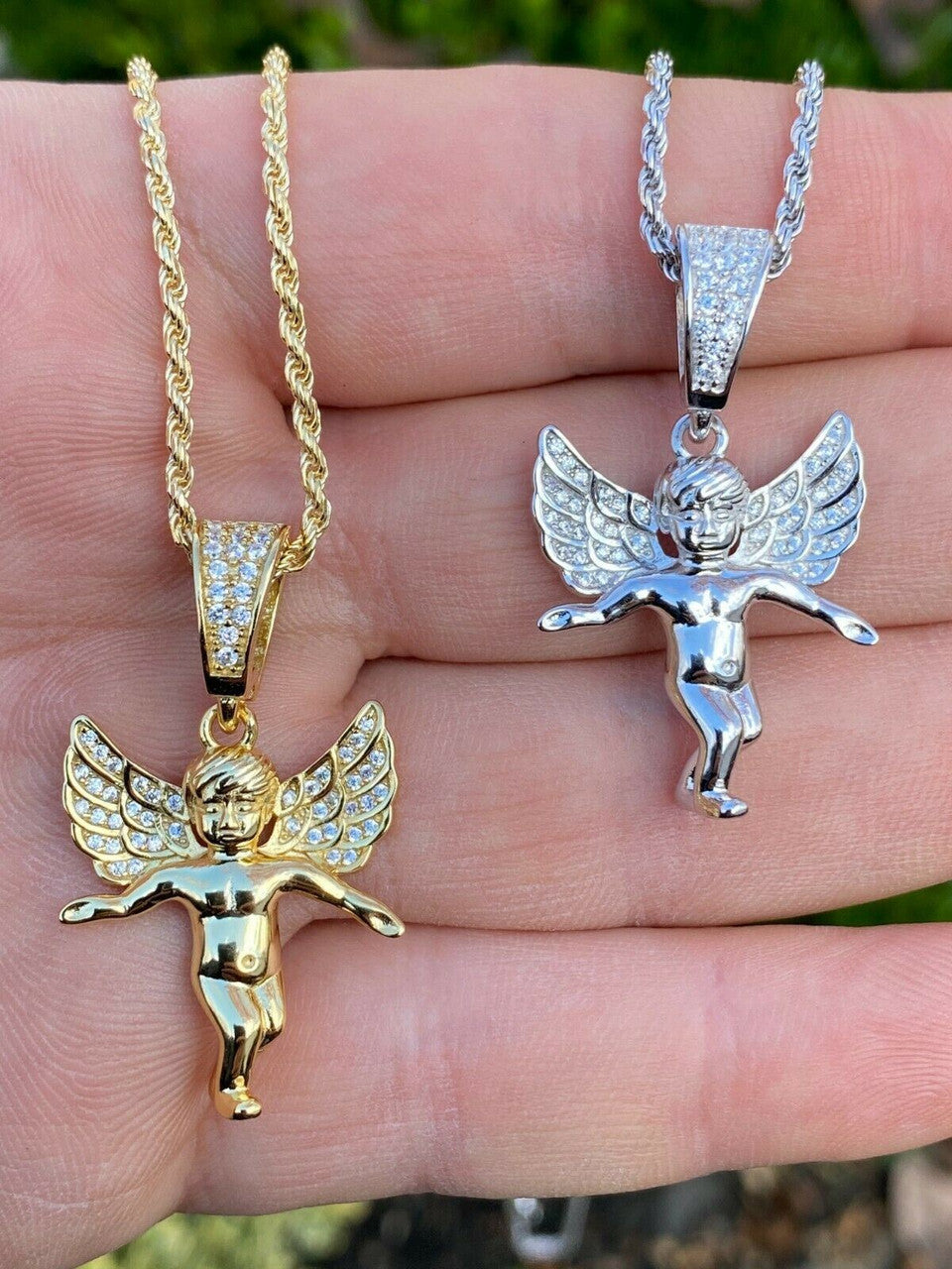 Hip Hop Solid 925 Silver Micro Angel Hip Hop Pendant Iced Diamond Gold Necklace Praying