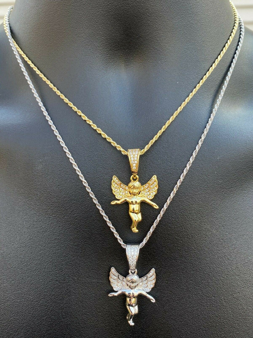 Hip Hop Solid 925 Silver Micro Angel Hip Hop Pendant Iced Diamond Gold Necklace Praying