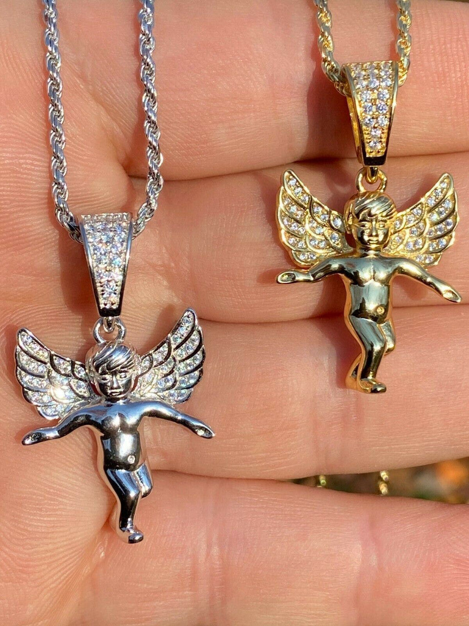 Hip Hop Solid 925 Silver Micro Angel Hip Hop Pendant Iced Diamond Gold Necklace Praying