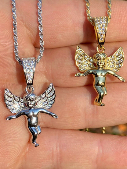 Hip Hop Solid 925 Silver Micro Angel Hip Hop Pendant Iced Diamond Gold Necklace Praying