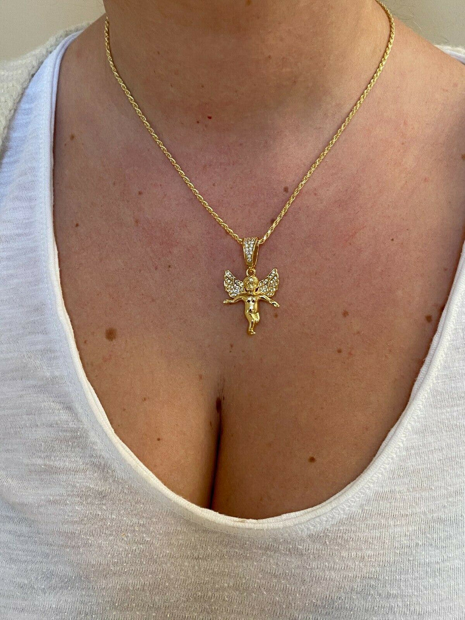 Hip Hop Solid 925 Silver Micro Angel Hip Hop Pendant Iced Diamond Gold Necklace Praying