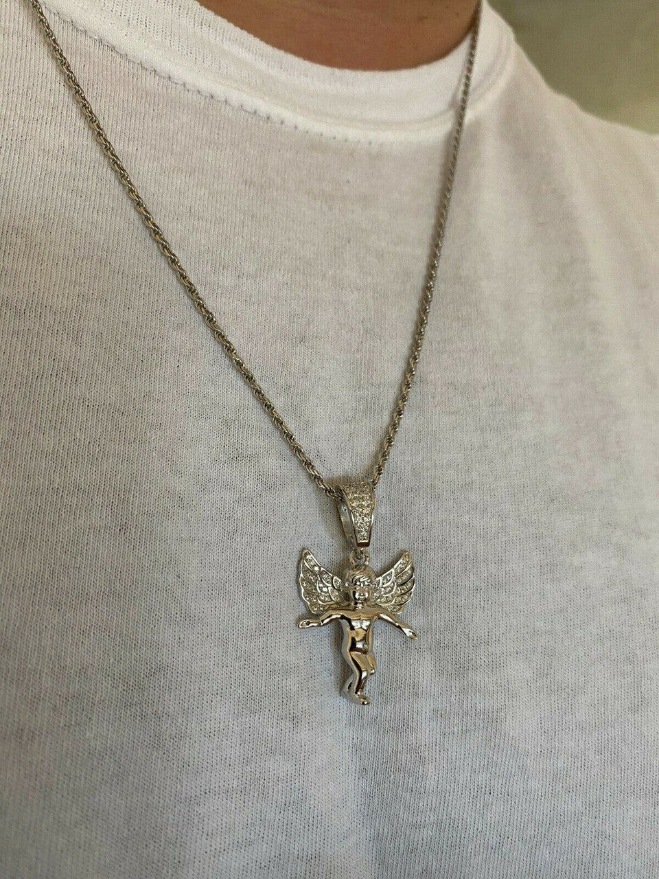 Hip Hop Solid 925 Silver Micro Angel Hip Hop Pendant Iced Diamond Gold Necklace Praying