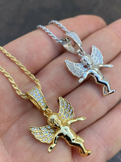 Hip Hop Solid 925 Silver Micro Angel Hip Hop Pendant Iced Diamond Gold Necklace Praying