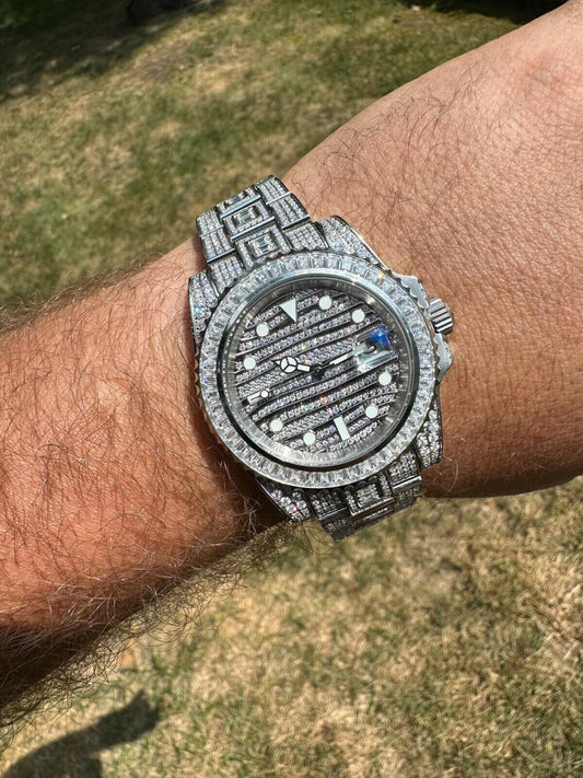 Hip Hop SUMMER 2023 WAVE EDITION Real Baguette MOISSANITE Mens NO ID Presidential Watch Iced 44mm Hip Hop