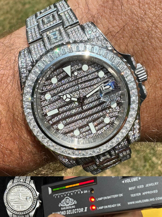 Hip Hop SUMMER 2023 WAVE EDITION Real Baguette MOISSANITE Mens NO ID Presidential Watch Iced 44mm Hip Hop