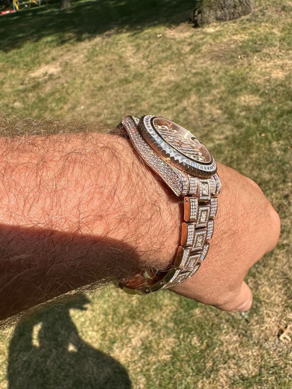 Hip Hop SUMMER 2023 WAVE EDITION Real Baguette MOISSANITE Mens NO ID Presidential Watch Iced Rose Gold