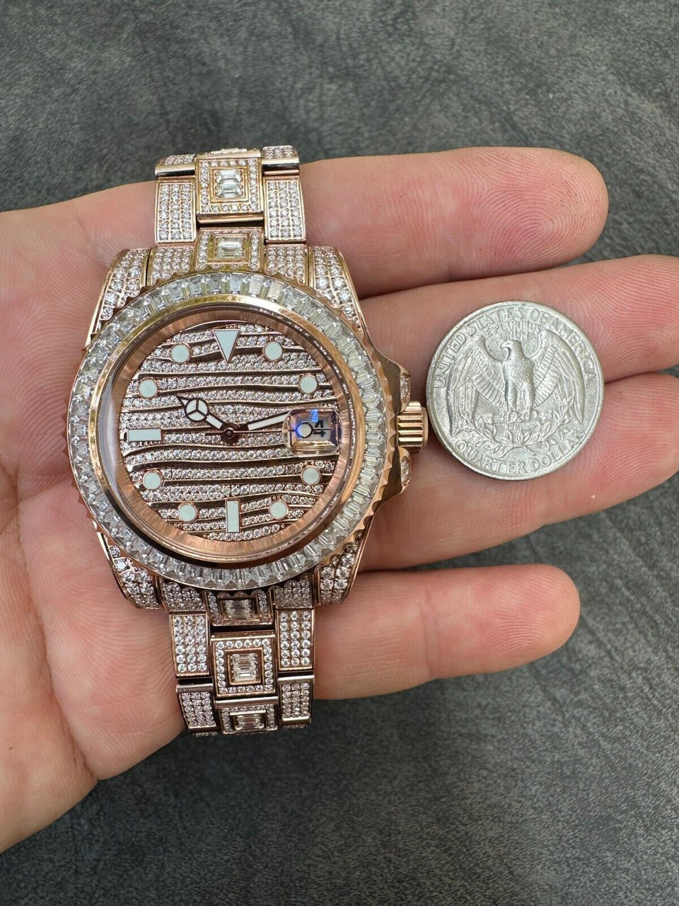 Hip Hop SUMMER 2023 WAVE EDITION Real Baguette MOISSANITE Mens NO ID Presidential Watch Iced Rose Gold