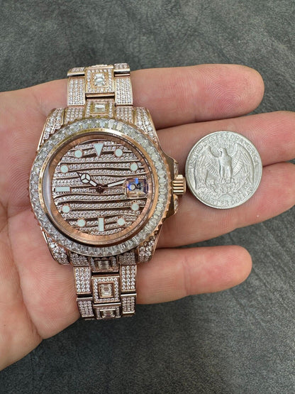 Hip Hop SUMMER 2023 WAVE EDITION Real Baguette MOISSANITE Mens NO ID Presidential Watch Iced Rose Gold