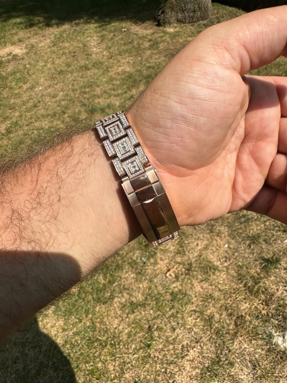 Hip Hop SUMMER 2023 WAVE EDITION Real Baguette MOISSANITE Mens NO ID Presidential Watch Iced Rose Gold