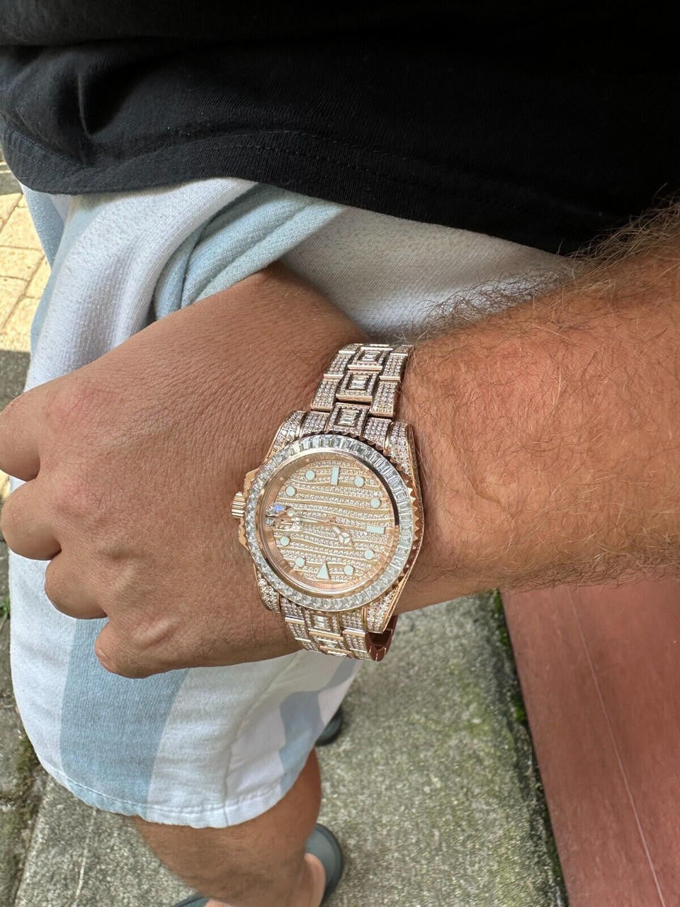Hip Hop SUMMER 2023 WAVE EDITION Real Baguette MOISSANITE Mens NO ID Presidential Watch Iced Rose Gold