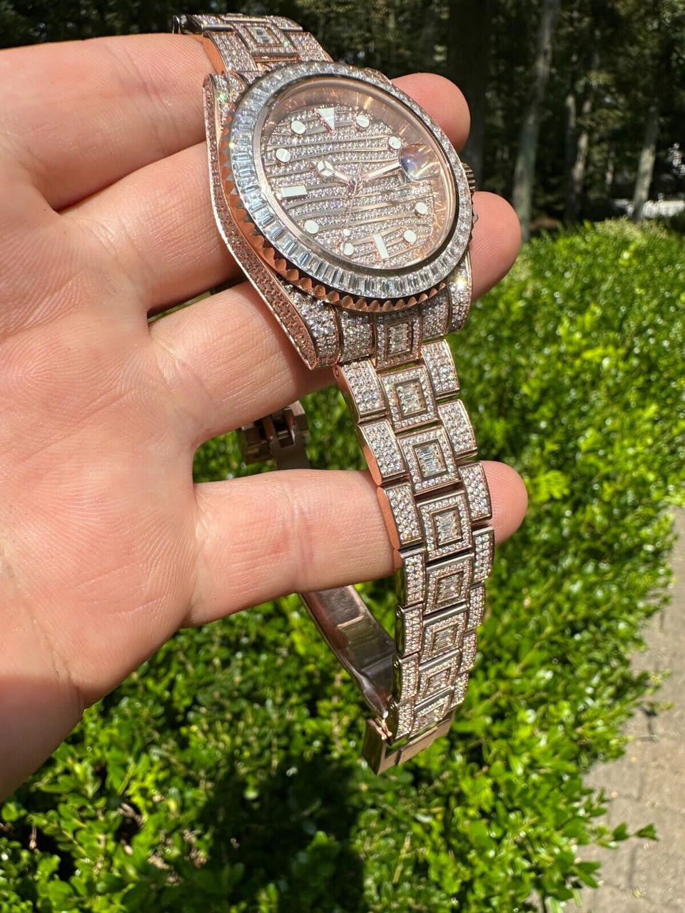 Hip Hop SUMMER 2023 WAVE EDITION Real Baguette MOISSANITE Mens NO ID Presidential Watch Iced Rose Gold