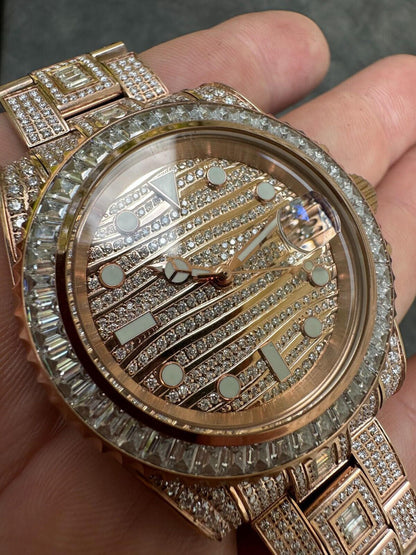 Hip Hop SUMMER 2023 WAVE EDITION Real Baguette MOISSANITE Mens NO ID Presidential Watch Iced Rose Gold