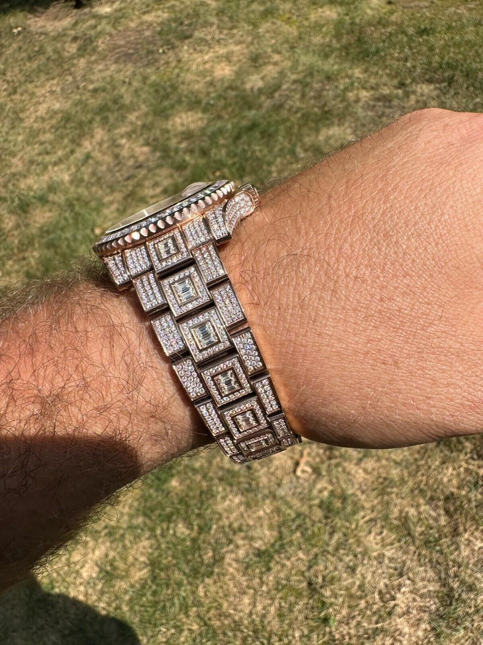 Hip Hop SUMMER 2023 WAVE EDITION Real Baguette MOISSANITE Mens NO ID Presidential Watch Iced Rose Gold