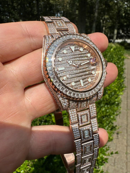 Hip Hop SUMMER 2023 WAVE EDITION Real Baguette MOISSANITE Mens NO ID Presidential Watch Iced Rose Gold