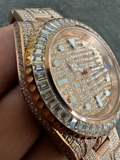 Hip Hop SUMMER 2023 WAVE EDITION Real Baguette MOISSANITE Mens NO ID Presidential Watch Iced Rose Gold