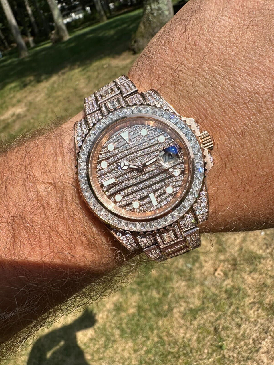 Hip Hop SUMMER 2023 WAVE EDITION Real Baguette MOISSANITE Mens NO ID Presidential Watch Iced Rose Gold