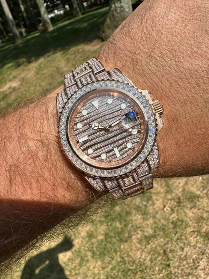 Hip Hop SUMMER 2023 WAVE EDITION Real Baguette MOISSANITE Mens NO ID Presidential Watch Iced Rose Gold