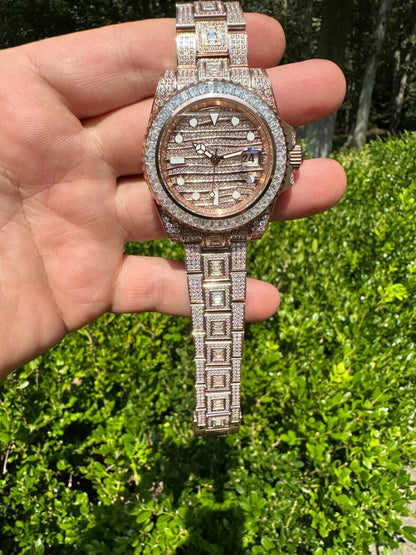 Hip Hop SUMMER 2023 WAVE EDITION Real Baguette MOISSANITE Mens NO ID Presidential Watch Iced Rose Gold