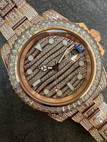 Hip Hop SUMMER 2023 WAVE EDITION Real Baguette MOISSANITE Mens NO ID Presidential Watch Iced Rose Gold