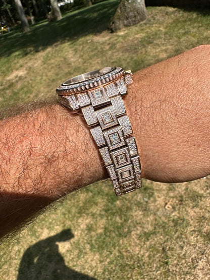Hip Hop SUMMER 2023 WAVE EDITION Real Baguette MOISSANITE Mens NO ID Presidential Watch Iced Rose Gold