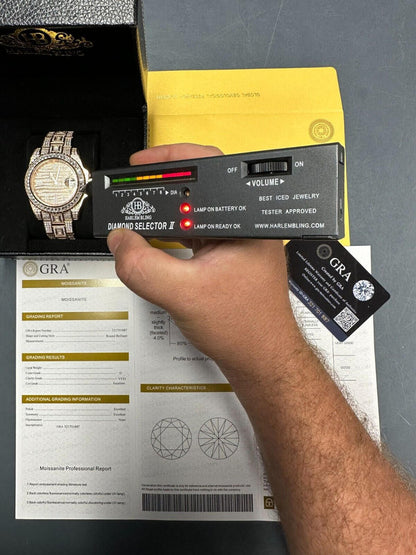 Hip Hop SUMMER 2023 WAVE EDITION Real Baguette MOISSANITE Mens NO ID Presidential Watch Iced Rose Gold