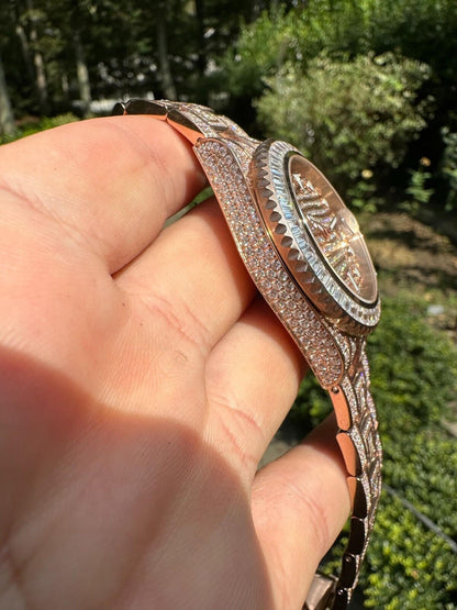 Hip Hop SUMMER 2023 WAVE EDITION Real Baguette MOISSANITE Mens NO ID Presidential Watch Iced Rose Gold