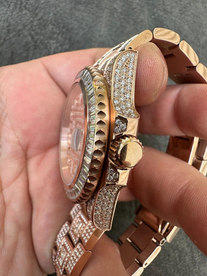 Hip Hop SUMMER 2023 WAVE EDITION Real Baguette MOISSANITE Mens NO ID Presidential Watch Iced Rose Gold