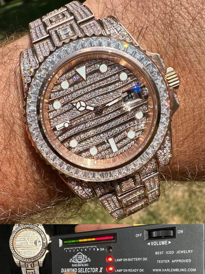 Hip Hop SUMMER 2023 WAVE EDITION Real Baguette MOISSANITE Mens NO ID Presidential Watch Iced Rose Gold