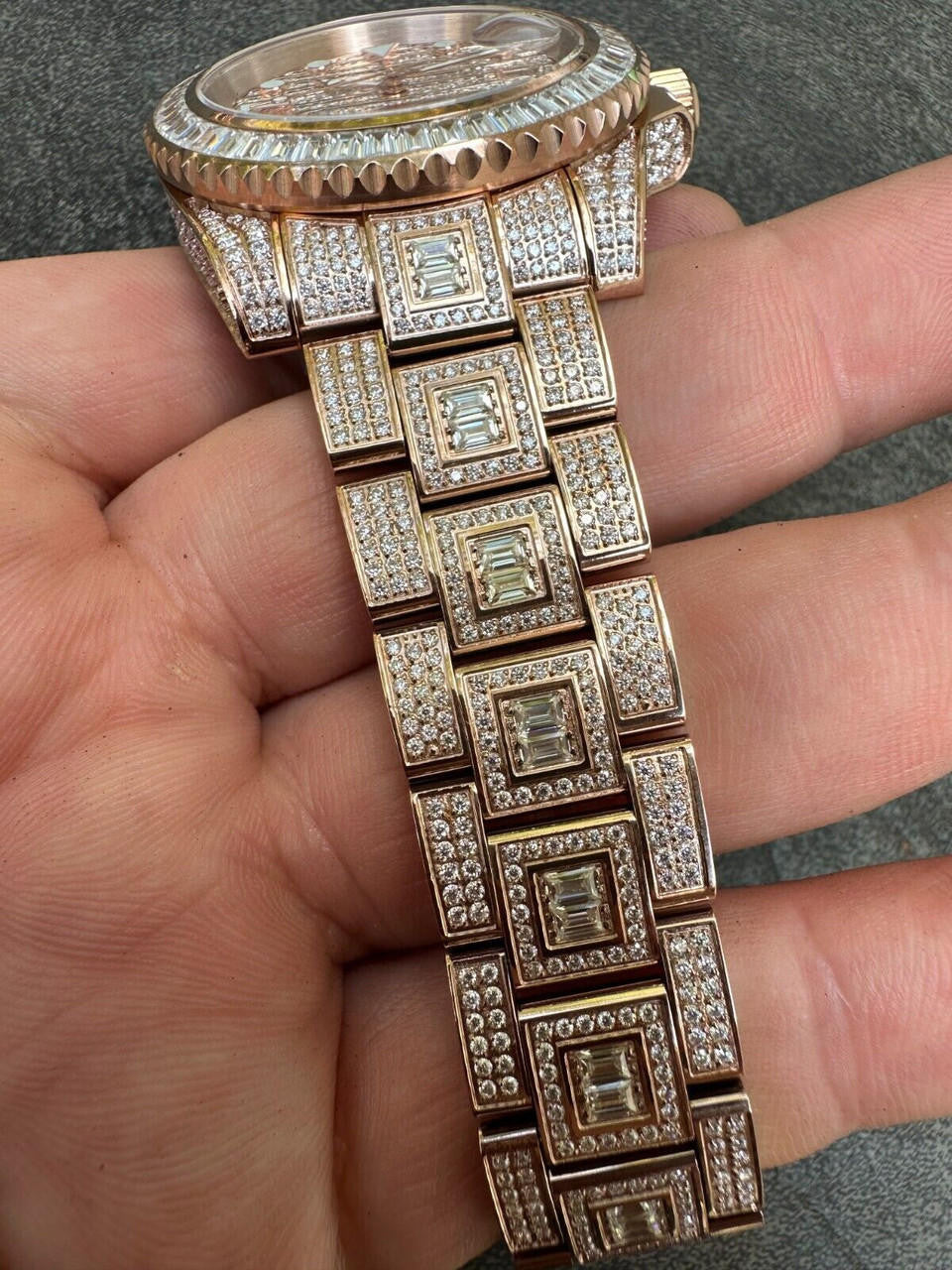 Hip Hop SUMMER 2023 WAVE EDITION Real Baguette MOISSANITE Mens NO ID Presidential Watch Iced Rose Gold