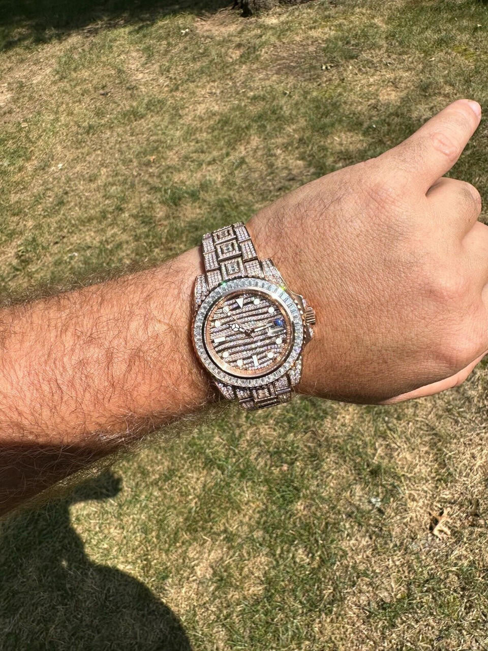 Hip Hop SUMMER 2023 WAVE EDITION Real Baguette MOISSANITE Mens NO ID Presidential Watch Iced Rose Gold