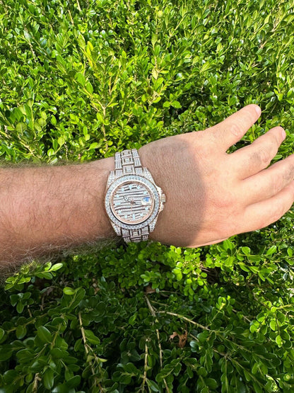 Hip Hop SUMMER 2023 WAVE EDITION Real Baguette MOISSANITE Mens NO ID Presidential Watch Iced Rose Gold