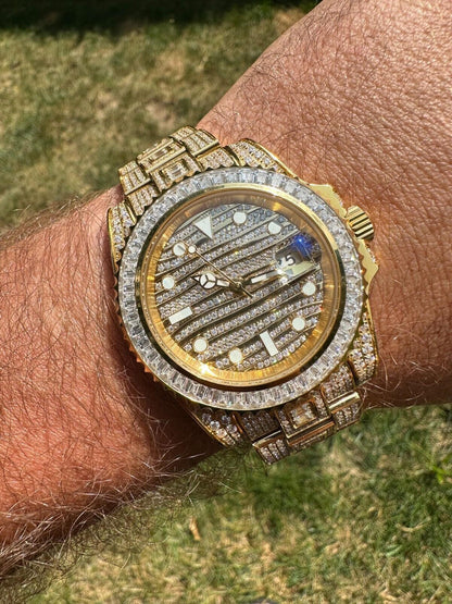 Hip Hop SUMMER 2023 WAVE EDITION Real Baguette MOISSANITE Mens NO ID Presidential Wave Watch Iced Gold  Hip Hop