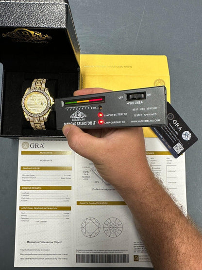Hip Hop SUMMER 2023 WAVE EDITION Real Baguette MOISSANITE Mens NO ID Presidential Wave Watch Iced Gold  Hip Hop