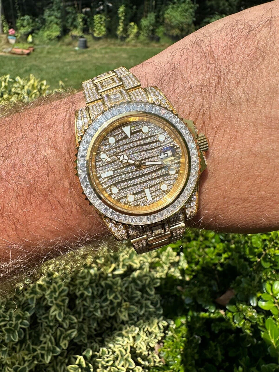 Hip Hop SUMMER 2023 WAVE EDITION Real Baguette MOISSANITE Mens NO ID Presidential Wave Watch Iced Gold  Hip Hop