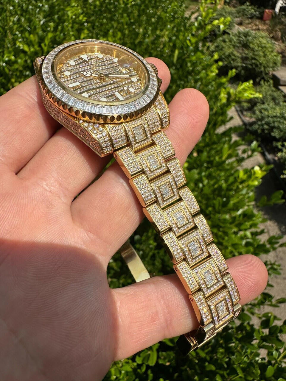 Hip Hop SUMMER 2023 WAVE EDITION Real Baguette MOISSANITE Mens NO ID Presidential Wave Watch Iced Gold  Hip Hop