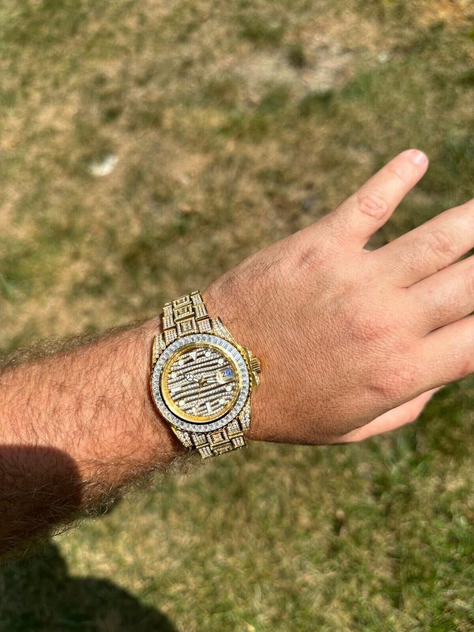 Hip Hop SUMMER 2023 WAVE EDITION Real Baguette MOISSANITE Mens NO ID Presidential Wave Watch Iced Gold  Hip Hop